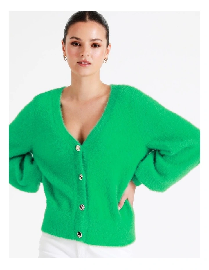 Recycled Blend Fluffy Knit Cardigan In Green