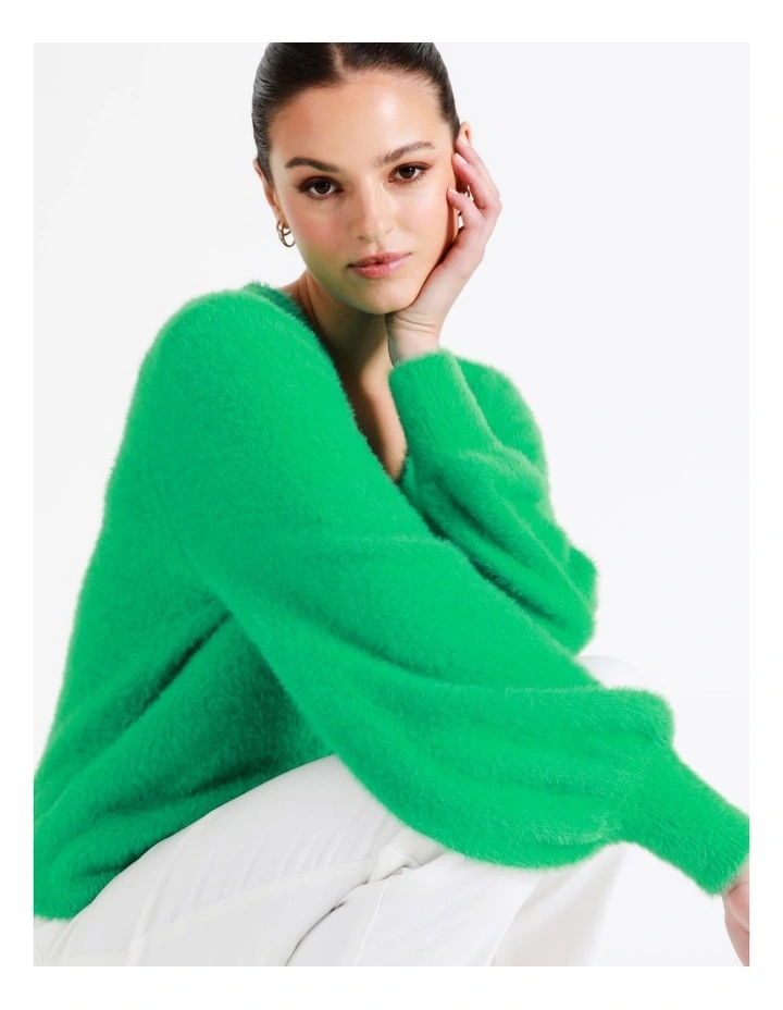 Recycled Blend Fluffy Knit Cardigan In Green - Image 2