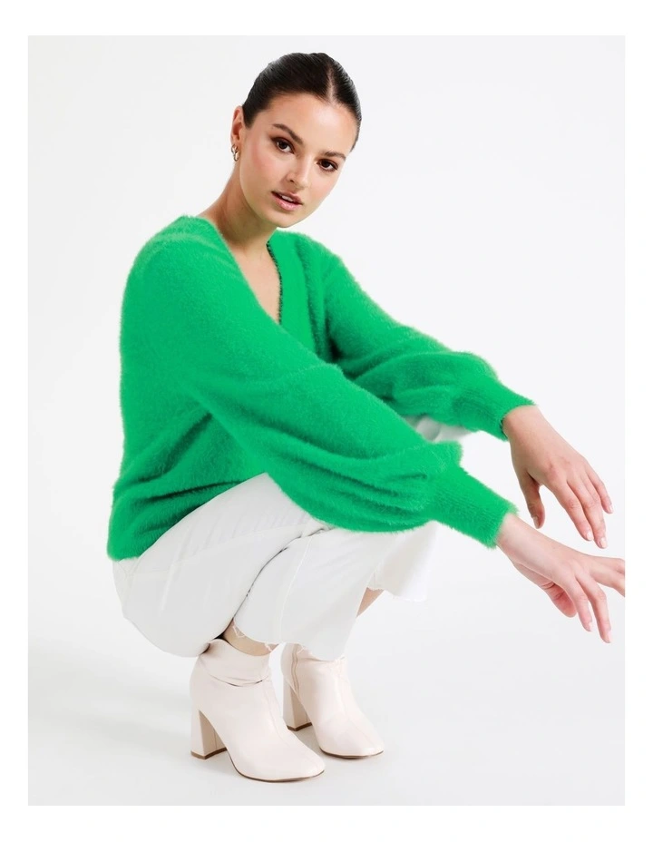 Recycled Blend Fluffy Knit Cardigan In Green - Image 3