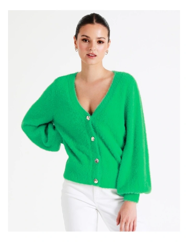 Recycled Blend Fluffy Knit Cardigan In Green - Image 4