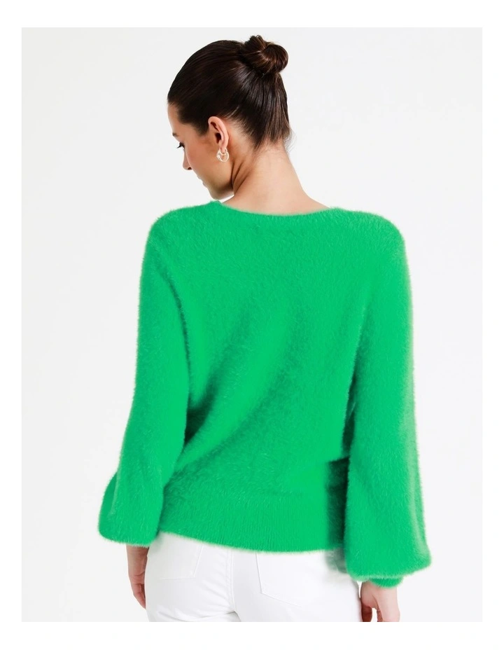 Recycled Blend Fluffy Knit Cardigan In Green - Image 5