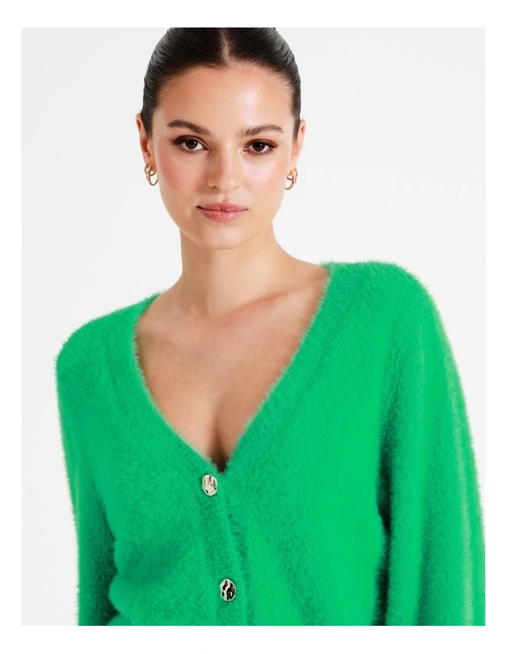 Recycled Blend Fluffy Knit Cardigan In Green - Image 6
