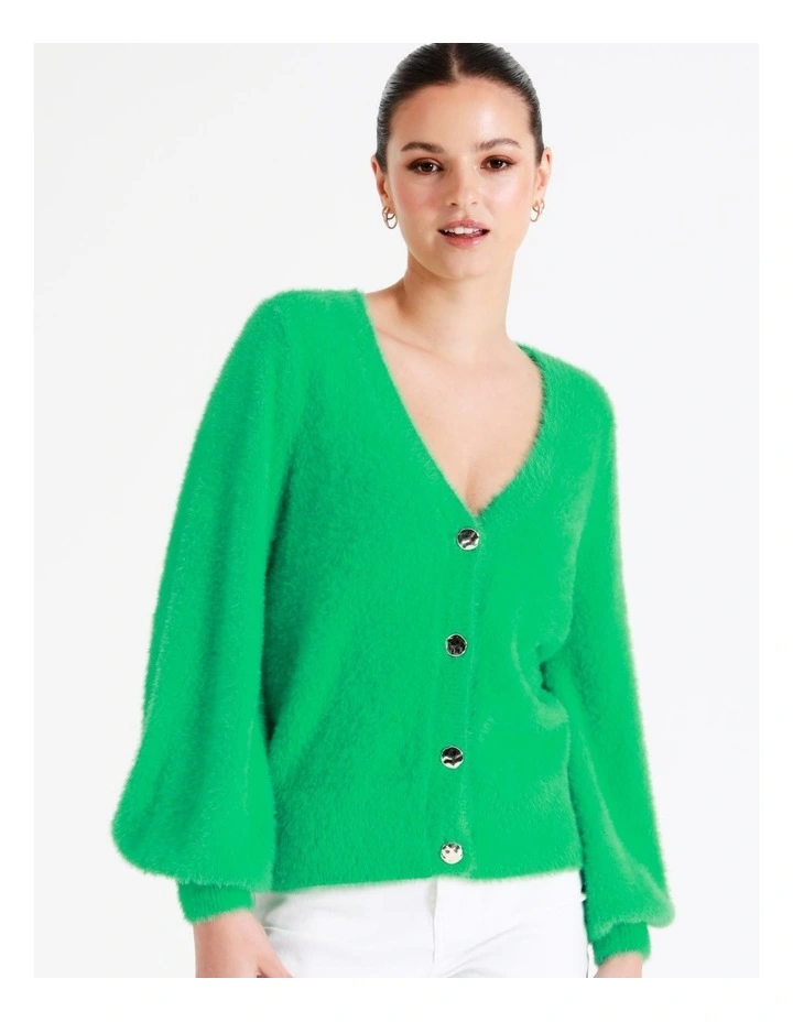 Recycled Blend Fluffy Knit Cardigan In Green - Image 7
