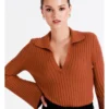 Flared Sleeve Rib Knit Polo In Rust