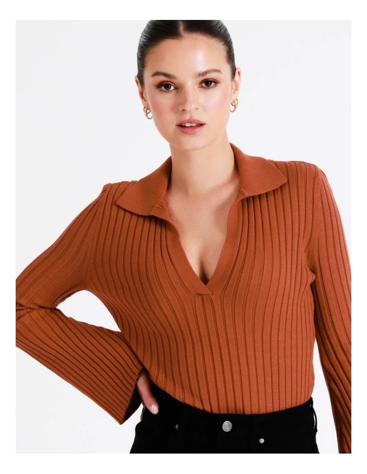 Flared Sleeve Rib Knit Polo In Rust