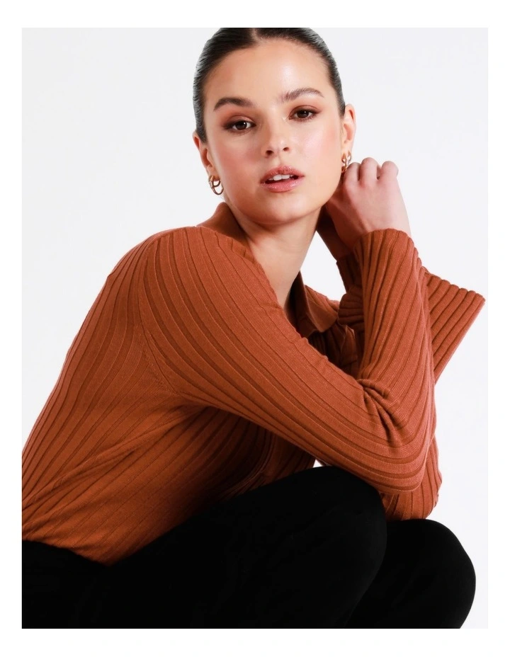 Flared Sleeve Rib Knit Polo In Rust - Image 2