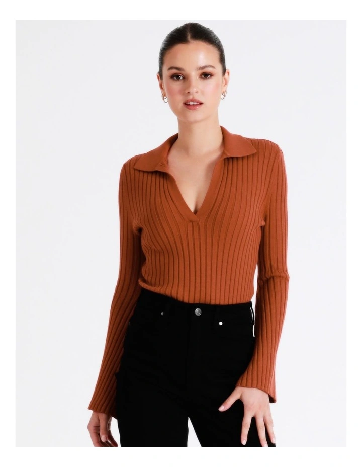 Flared Sleeve Rib Knit Polo In Rust - Image 3