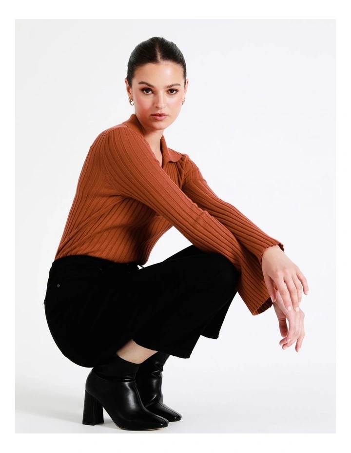 Flared Sleeve Rib Knit Polo In Rust - Image 4