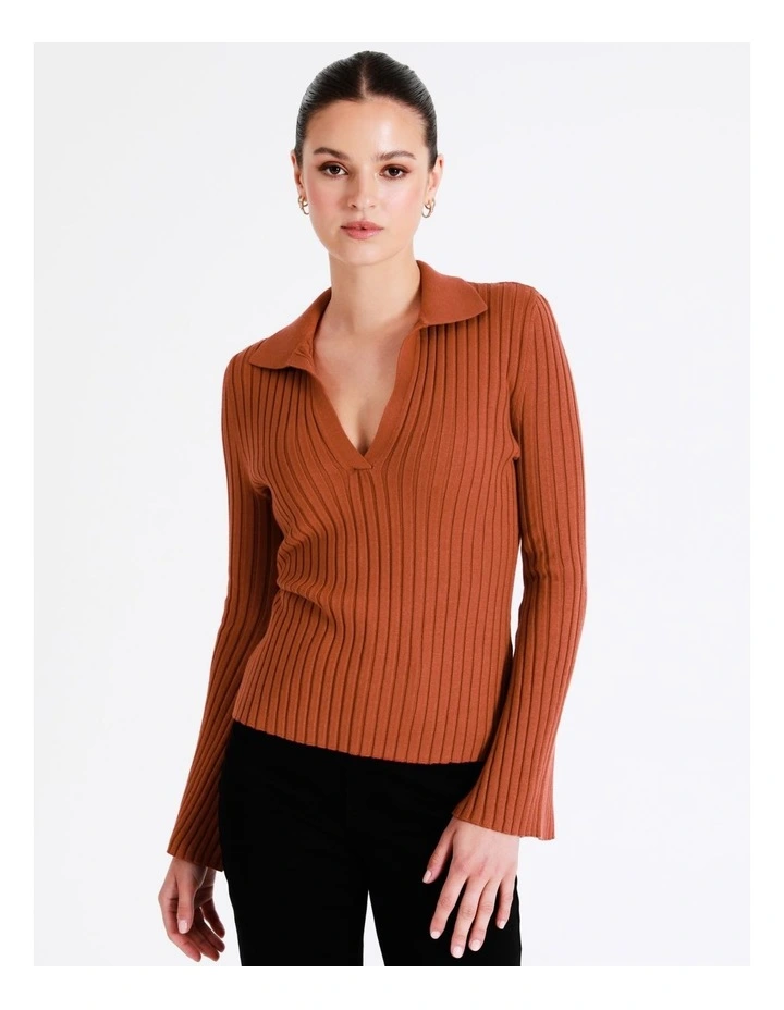Flared Sleeve Rib Knit Polo In Rust - Image 5