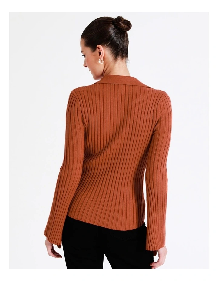 Flared Sleeve Rib Knit Polo In Rust - Image 6