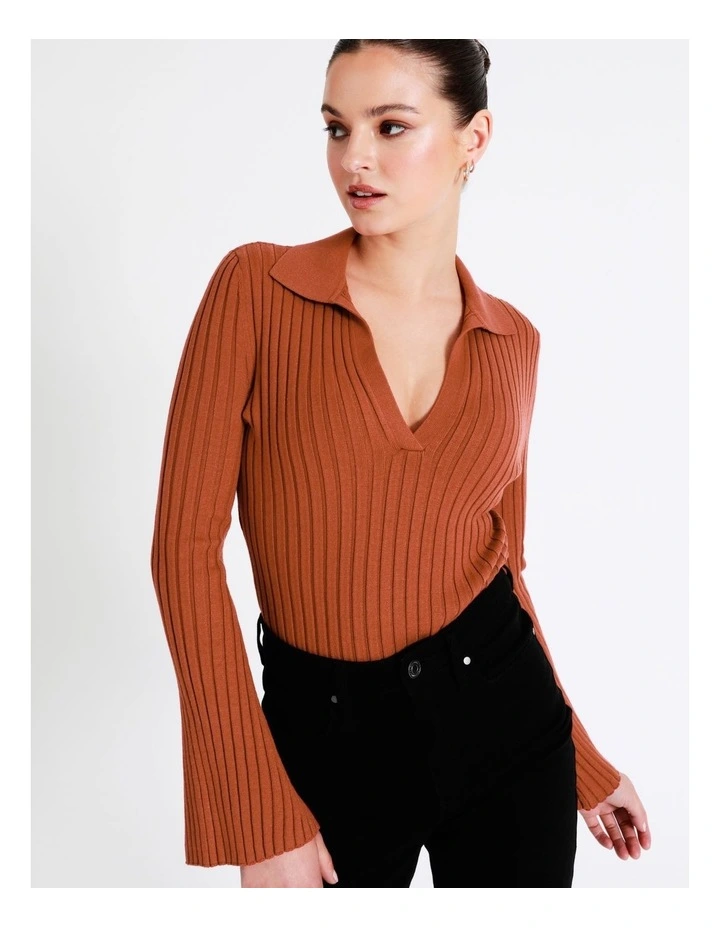 Flared Sleeve Rib Knit Polo In Rust - Image 7