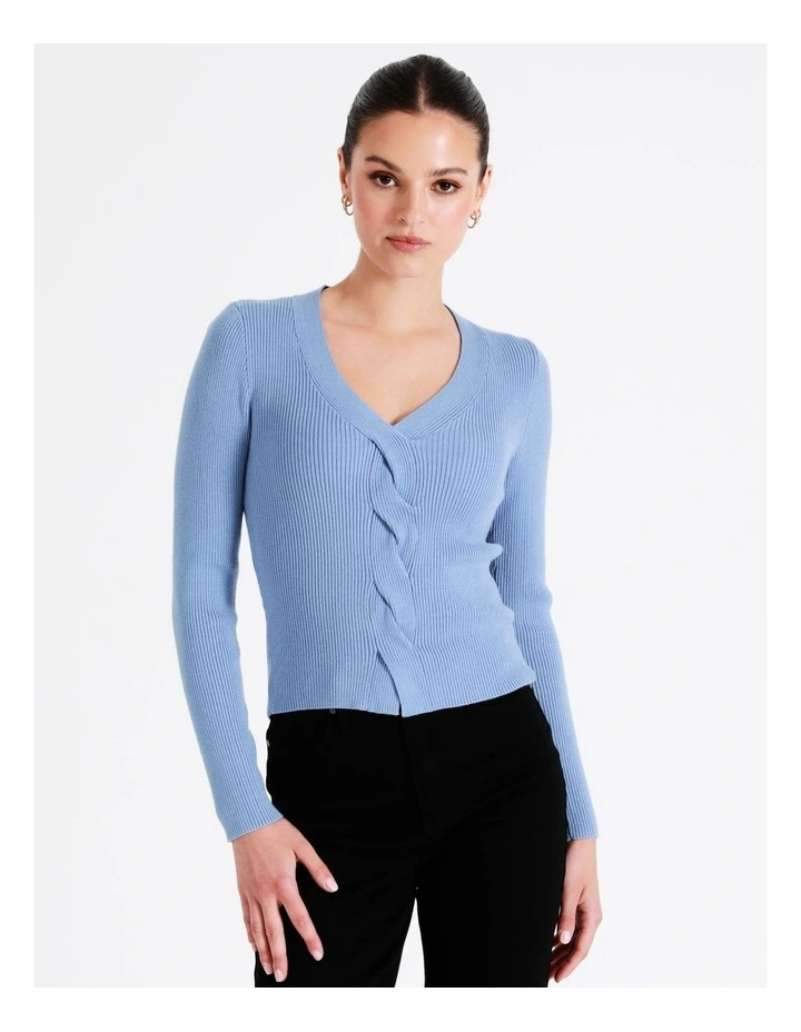 Twist Front Long Sleeve Knit Top In Blue