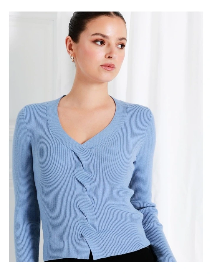 Twist Front Long Sleeve Knit Top In Blue - Image 4