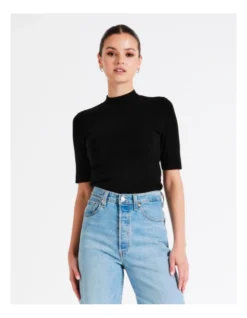 High Neck Short Sleeve Knit Top In Black