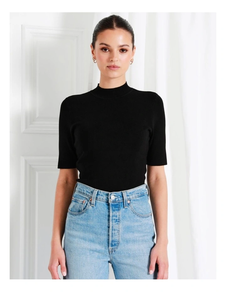 High Neck Short Sleeve Knit Top In Black - Image 3