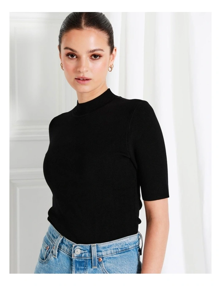 High Neck Short Sleeve Knit Top In Black - Image 4