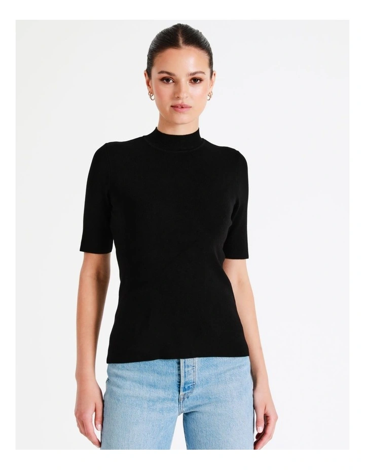 High Neck Short Sleeve Knit Top In Black - Image 5