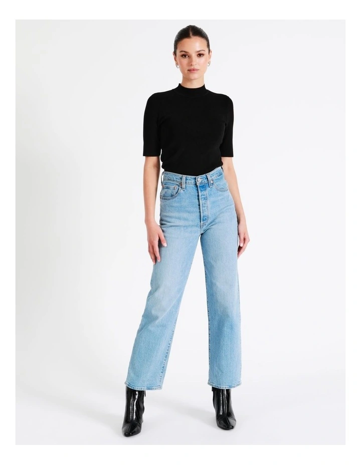 High Neck Short Sleeve Knit Top In Black - Image 7