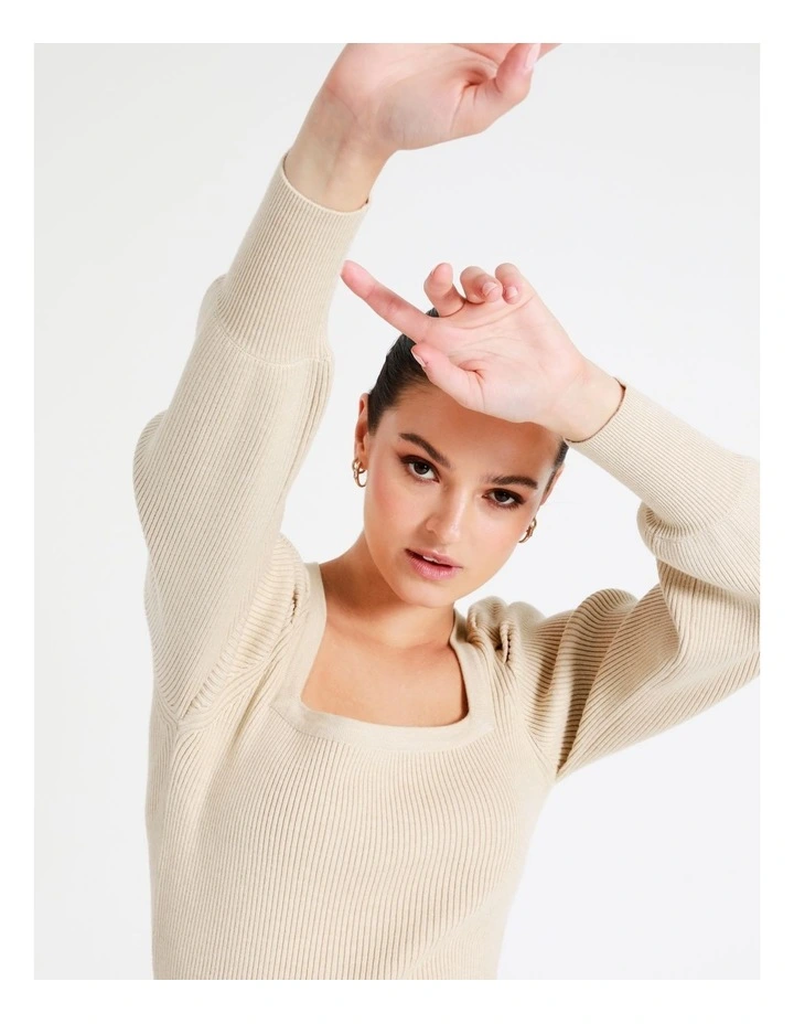 Square Neck Knit Top In Oatmeal - Image 2