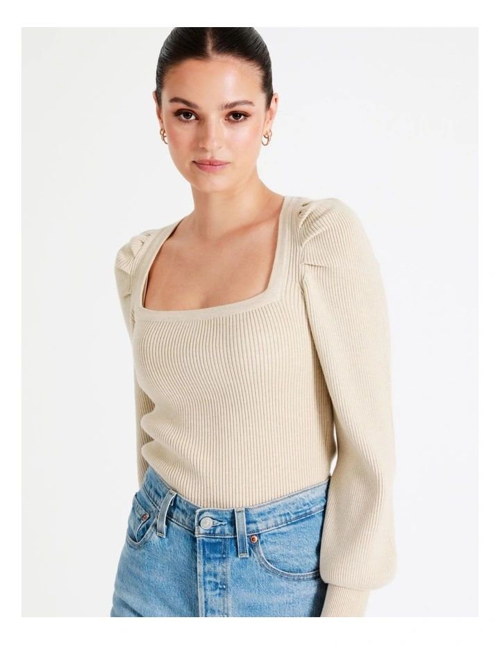 Square Neck Knit Top In Oatmeal - Image 6