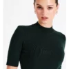 High Neck Short Sleeve Knit Top In Dark Green