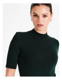 High Neck Short Sleeve Knit Top In Dark Green