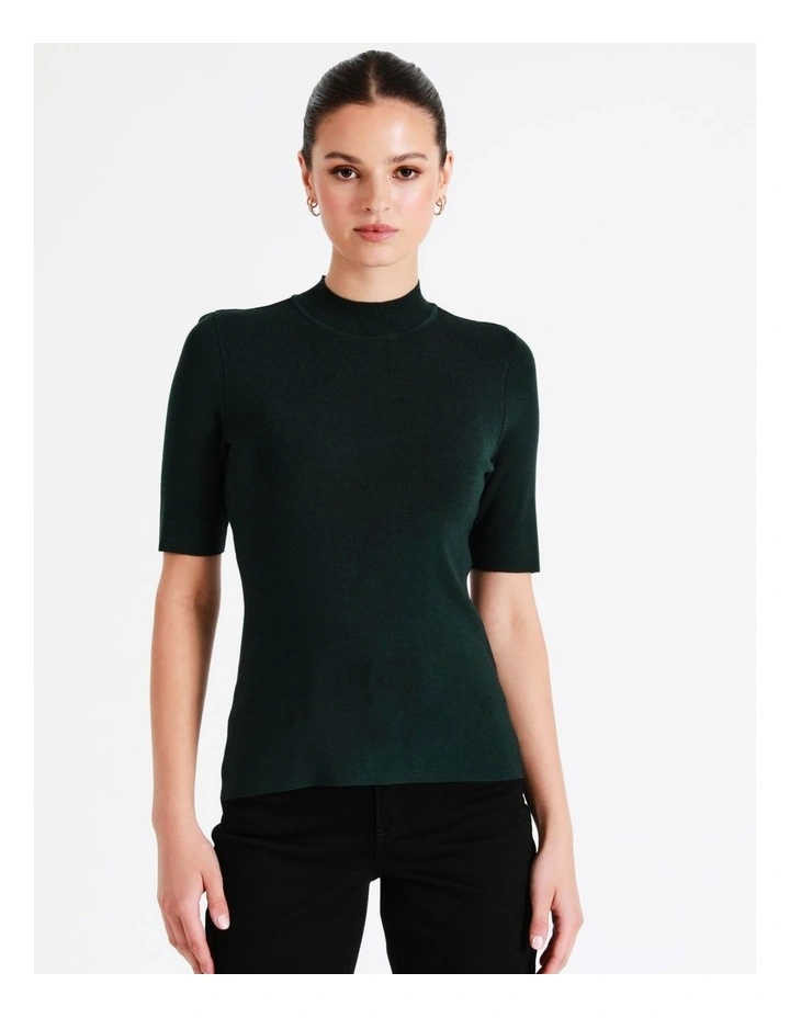 High Neck Short Sleeve Knit Top In Dark Green - Image 2