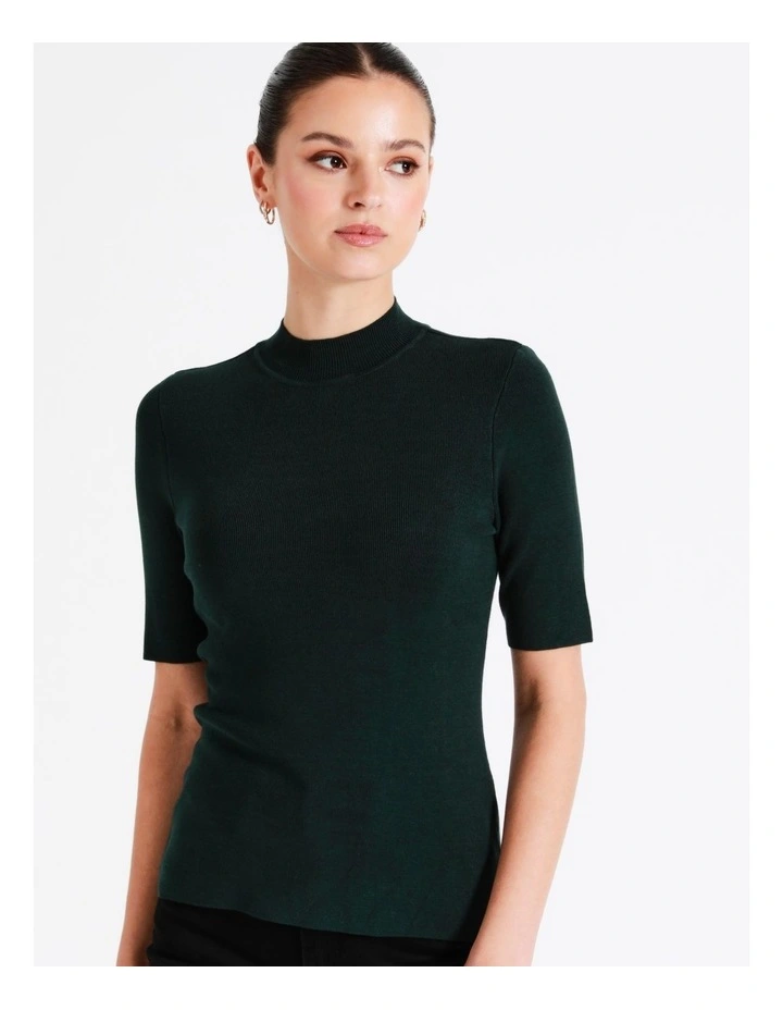 High Neck Short Sleeve Knit Top In Dark Green - Image 5