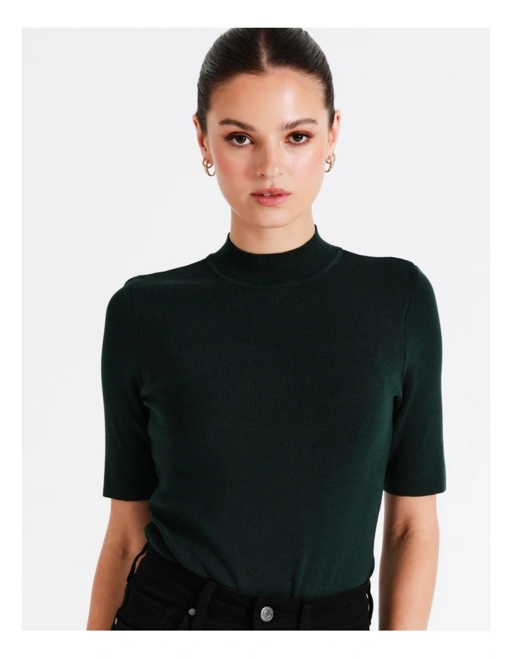 High Neck Short Sleeve Knit Top In Dark Green - Image 6