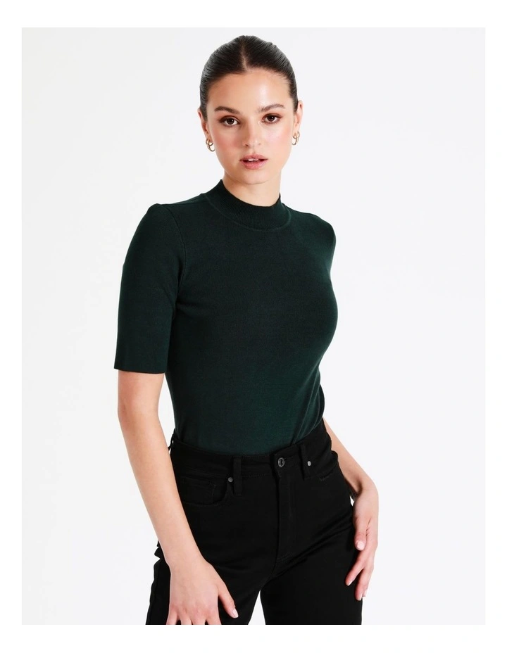 High Neck Short Sleeve Knit Top In Dark Green - Image 7