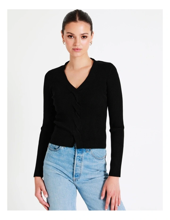 Twist Front Long Sleeve Knit Top In Black