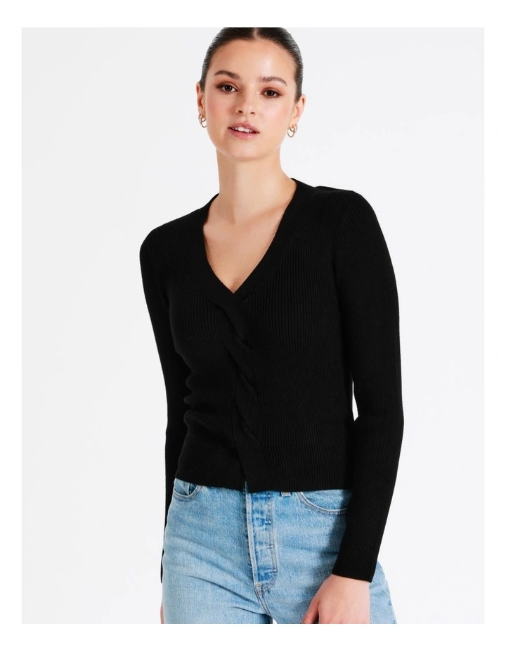 Twist Front Long Sleeve Knit Top In Black - Image 3