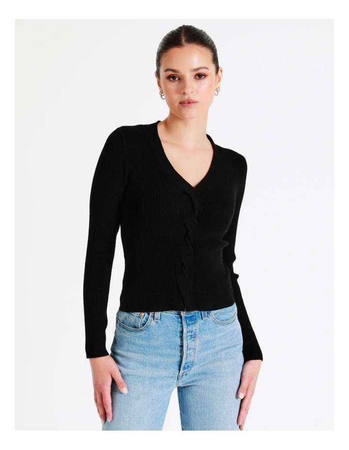 Twist Front Long Sleeve Knit Top In Black - Image 5