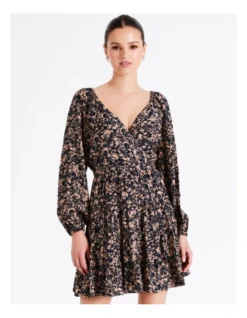 Long Sleeve Tiered Wrap Mini Dress In Navy