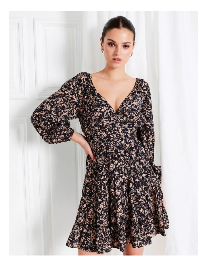 Long Sleeve Tiered Wrap Mini Dress In Navy - Image 2