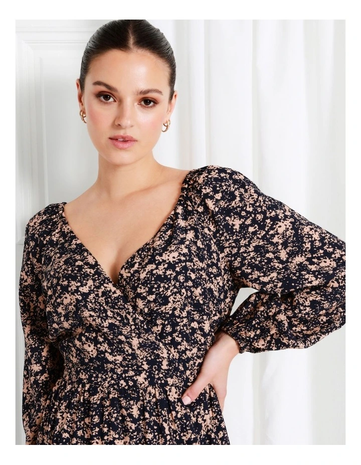 Long Sleeve Tiered Wrap Mini Dress In Navy - Image 3