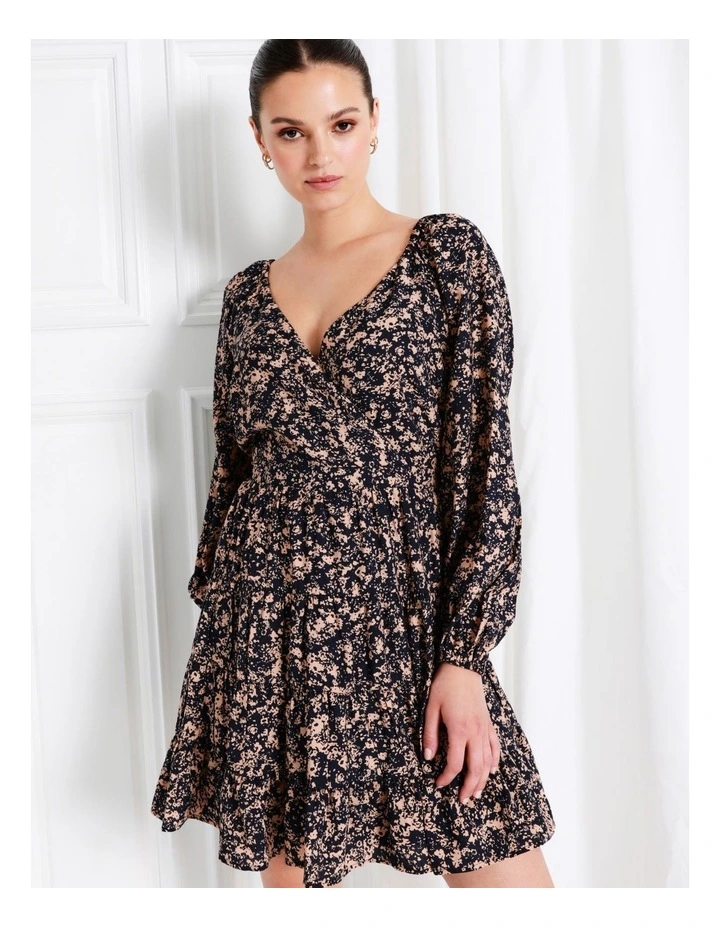 Long Sleeve Tiered Wrap Mini Dress In Navy - Image 4