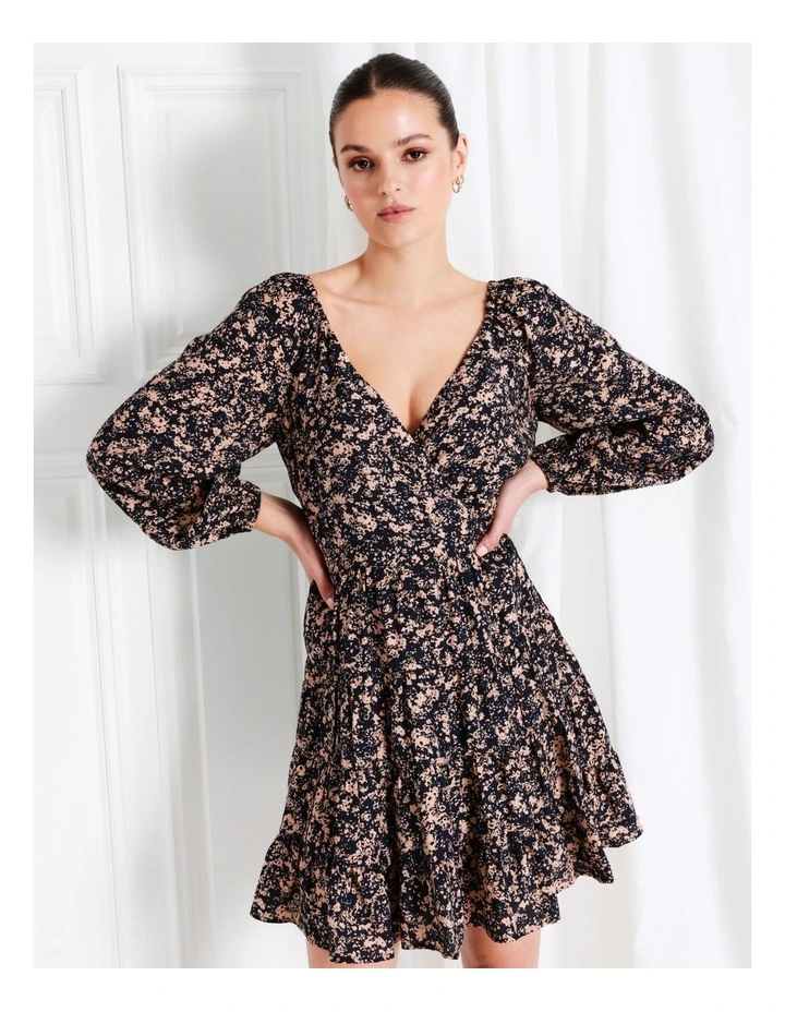 Long Sleeve Tiered Wrap Mini Dress In Navy - Image 5