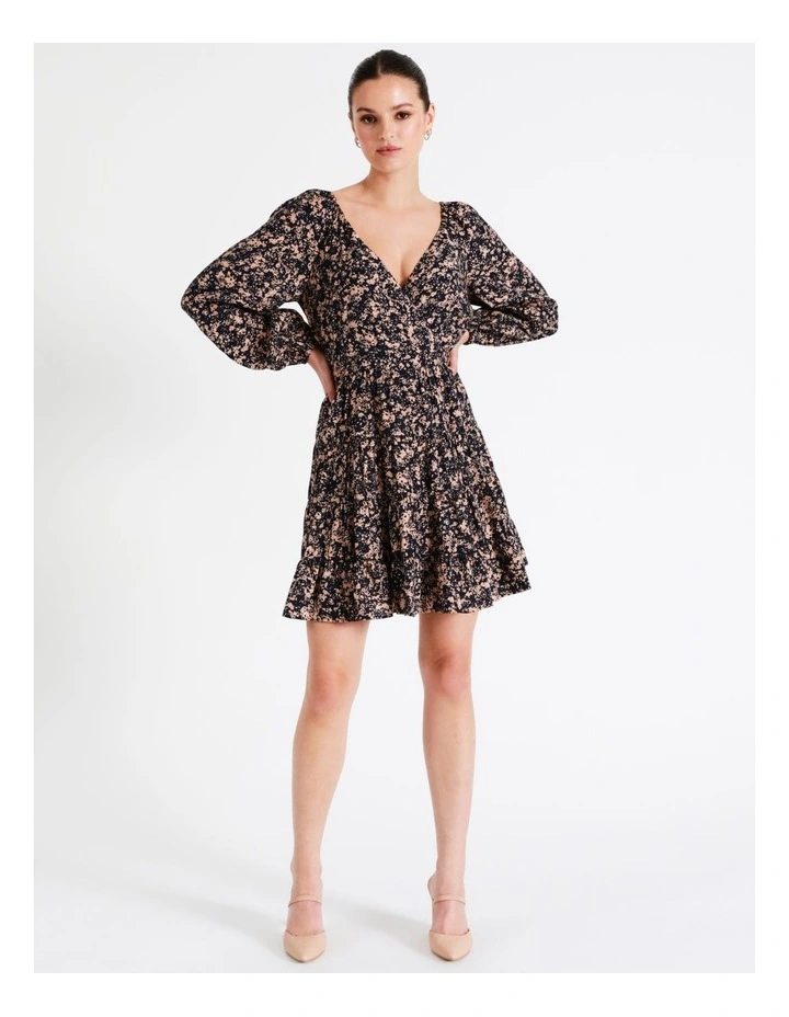 Long Sleeve Tiered Wrap Mini Dress In Navy - Image 7