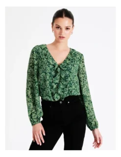 Recycled V-Neck Frill Blouse In Dark Green