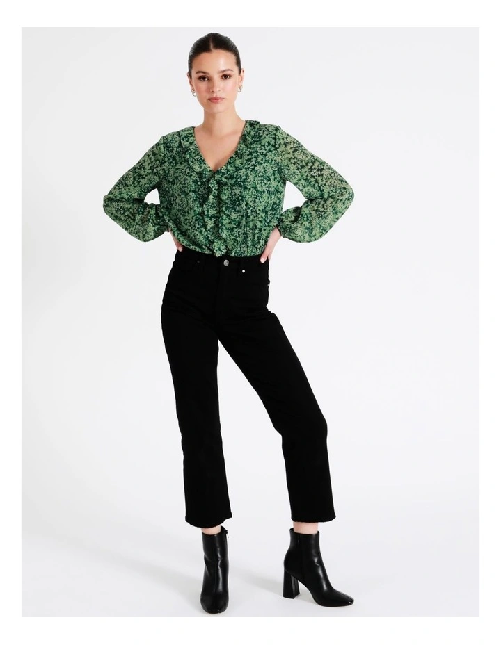 Recycled V-Neck Frill Blouse In Dark Green - Image 2