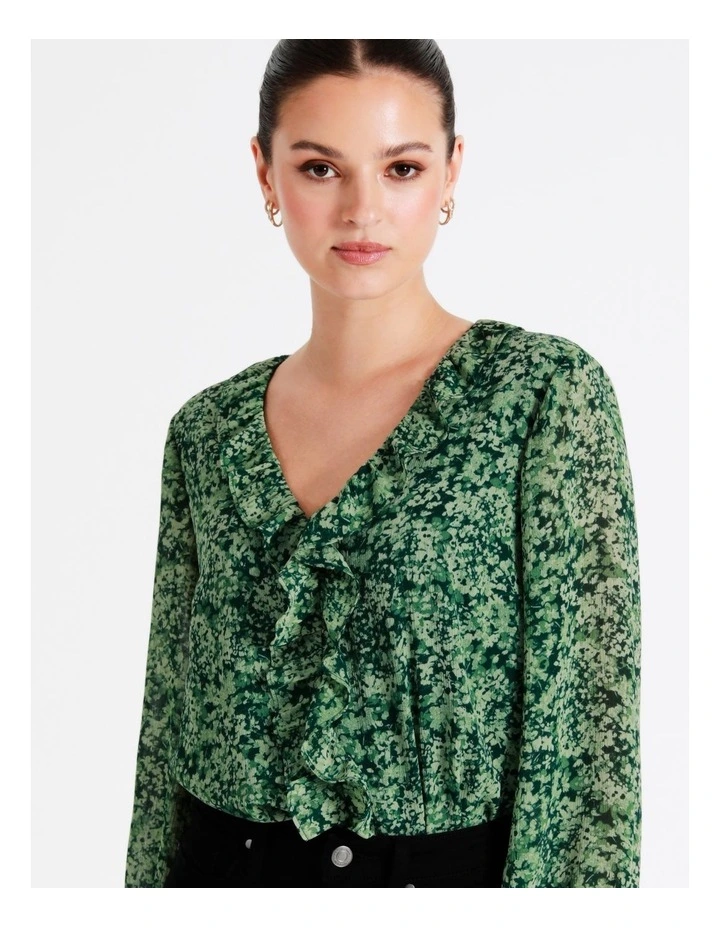 Recycled V-Neck Frill Blouse In Dark Green - Image 3