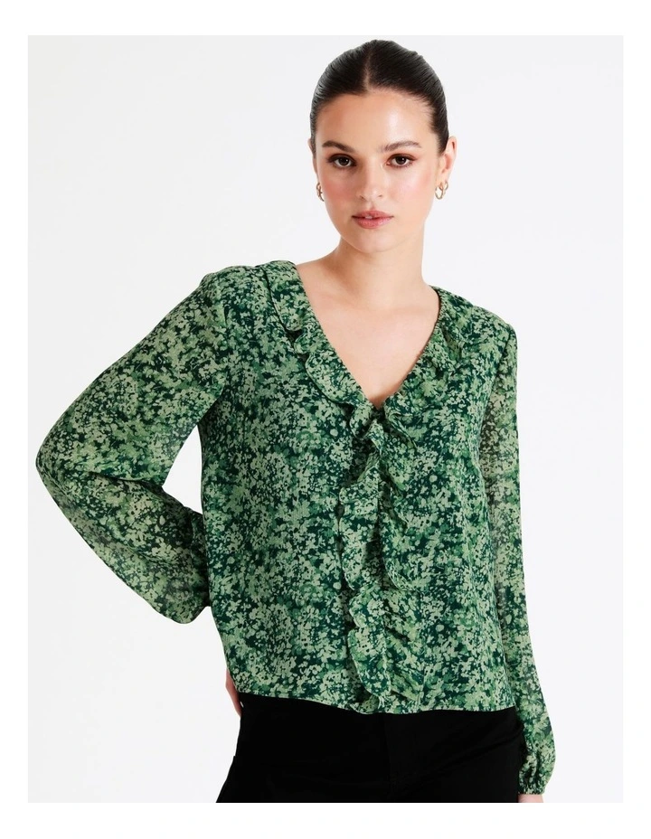 Recycled V-Neck Frill Blouse In Dark Green - Image 4