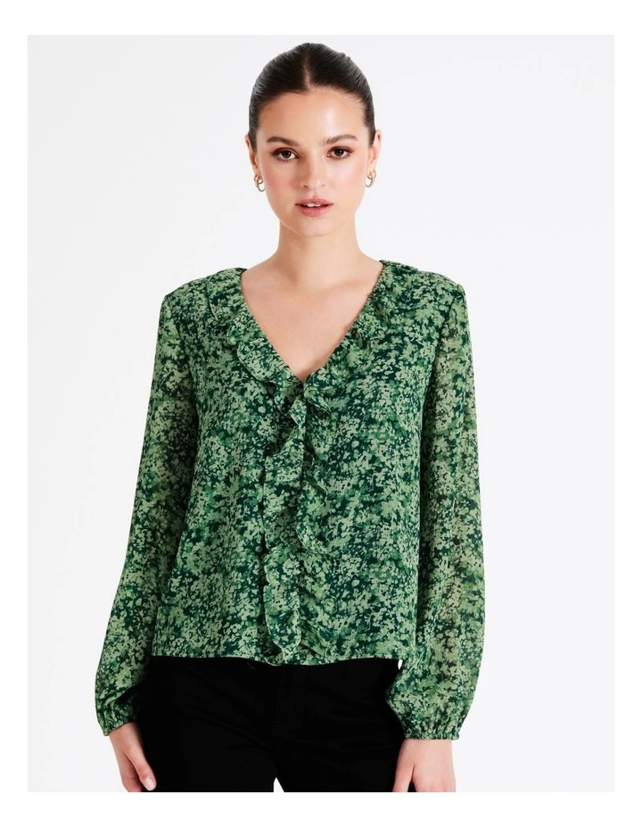 Recycled V-Neck Frill Blouse In Dark Green - Image 5