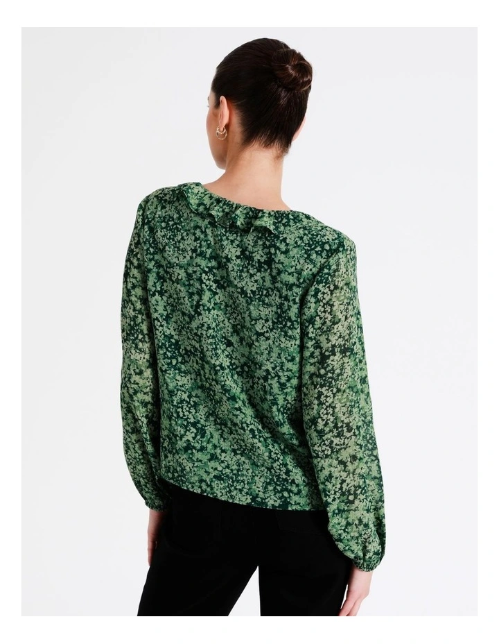 Recycled V-Neck Frill Blouse In Dark Green - Image 6