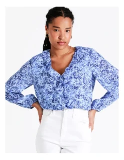 Recycled V-Neck Frill Blouse In Blue