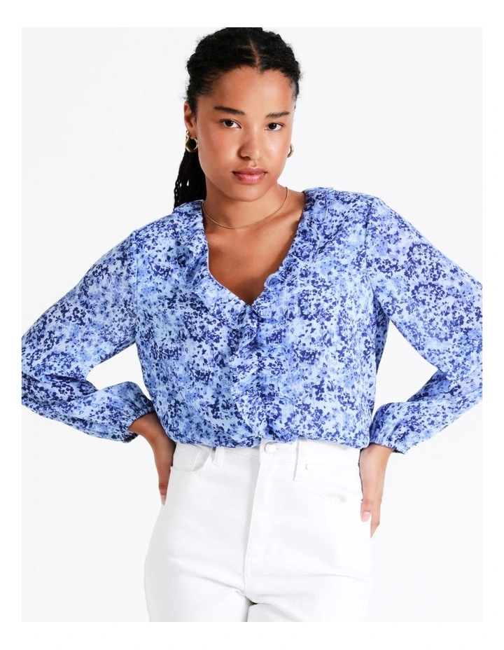 Recycled V-Neck Frill Blouse In Blue