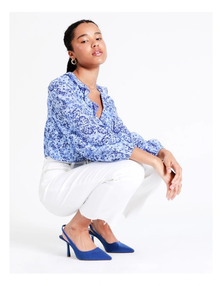 Recycled V-Neck Frill Blouse In Blue - Image 2