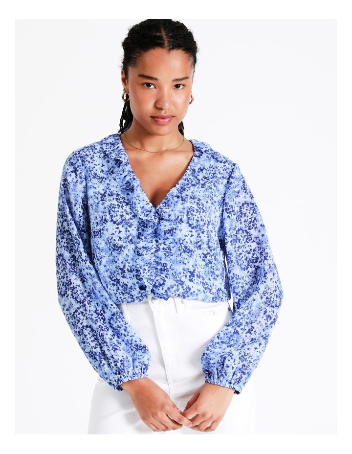 Recycled V-Neck Frill Blouse In Blue - Image 3