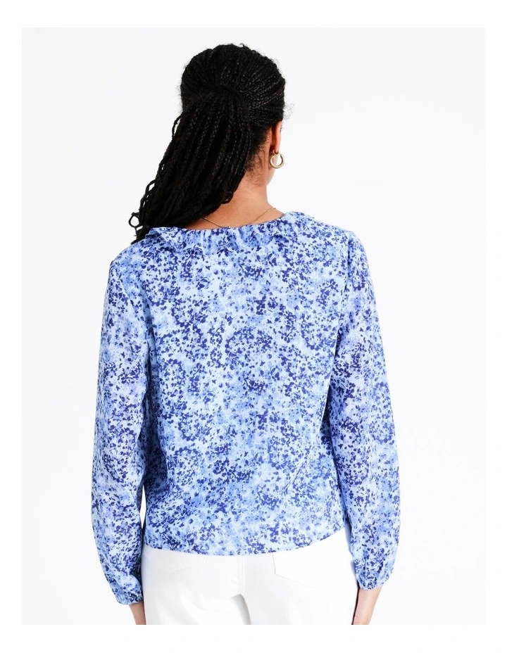 Recycled V-Neck Frill Blouse In Blue - Image 4